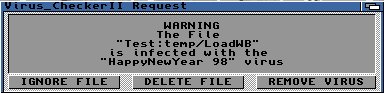 VirusChecker II finds the 'Happy New Year 98' link-virus